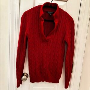 Ralph Lauren Women's 100% Cotton Red V-Neck Cable Knit Sweater